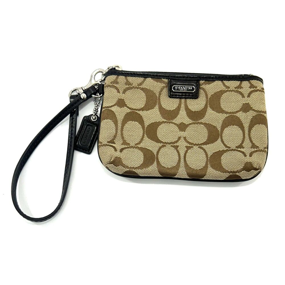 COACH Vintage Signature Canvas Small Wristlet - Khaki Brown & Black Leather